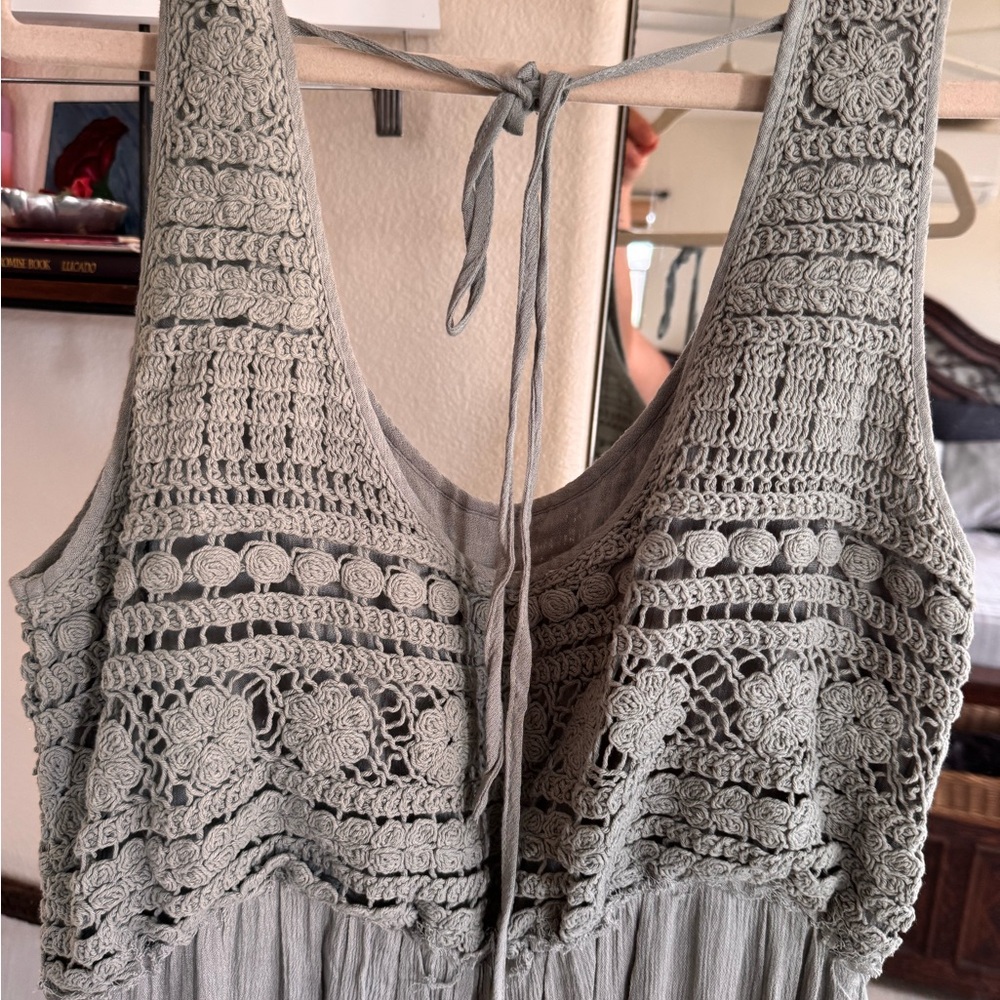 Boho Crochet Lace Gauzy Jumpsuit Sage Green Medium